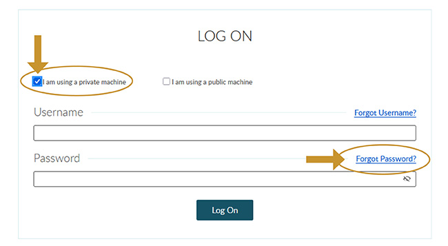 arrow showing were to find the forgot password link