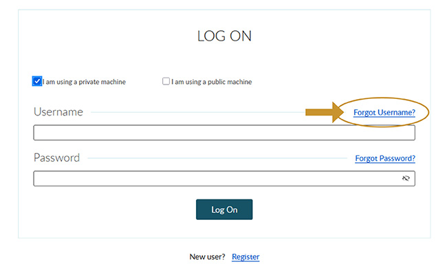 arrow showing were to find the forgot username link