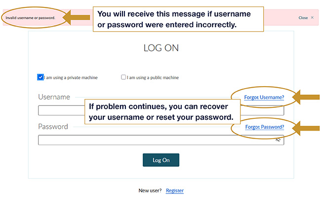 incorrect username or password message