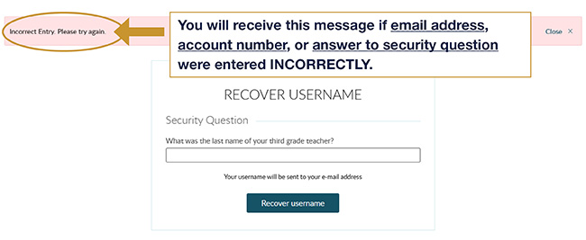 invalid answers to email address, account number, or security question message